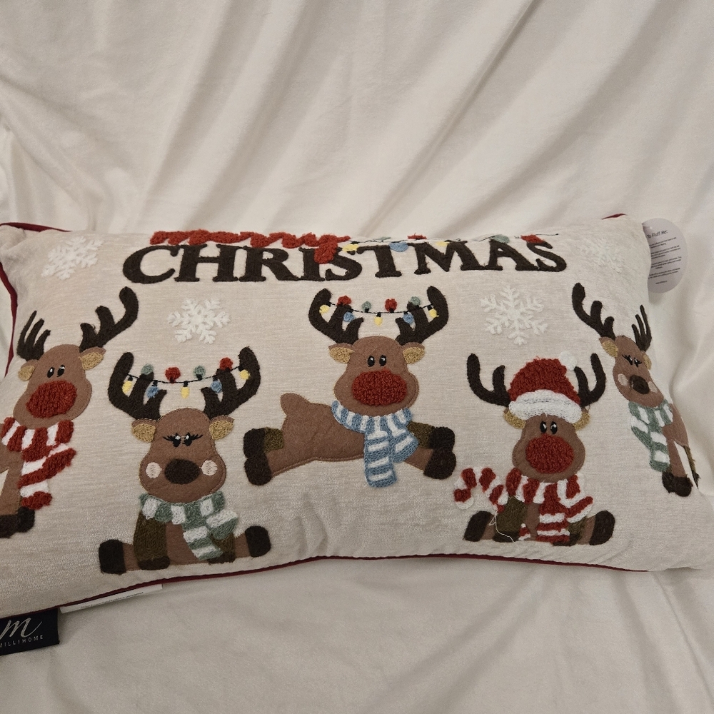 Holiday Reindeer Pillow with Red and Brown Accents